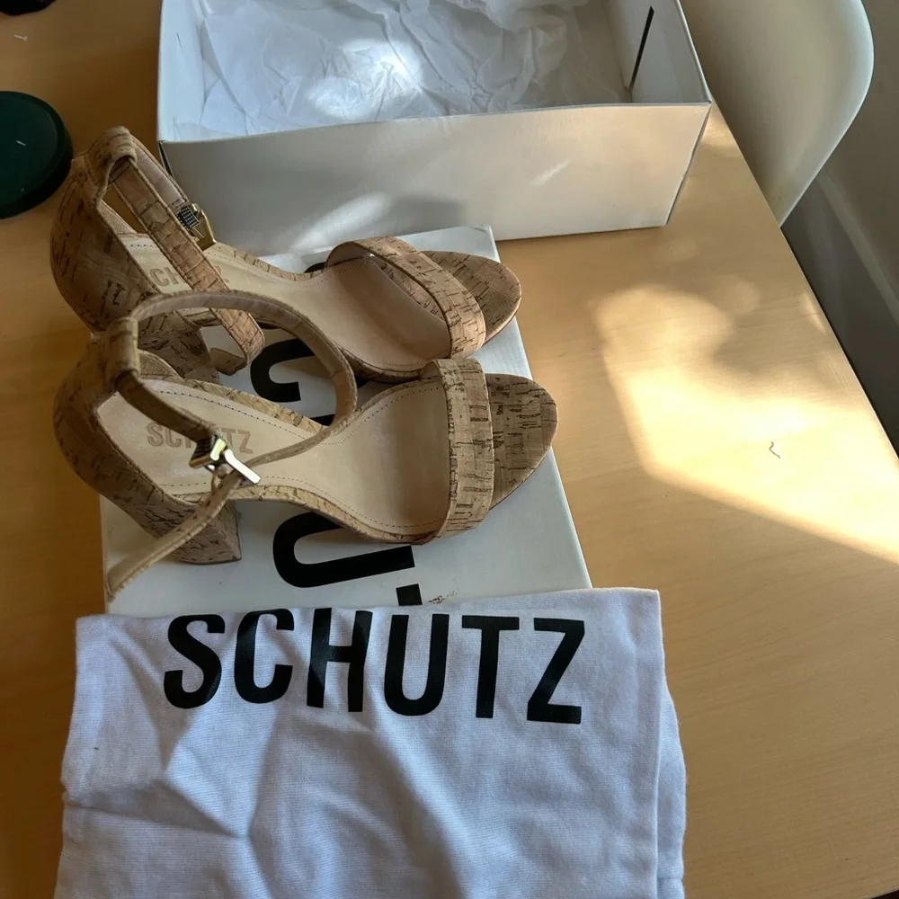 SCHUTZ Cork Block Heel Sandals in Natural Tan - Picture 2 of 4